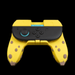 Mando de videojuego amarillo con diseño de manchas