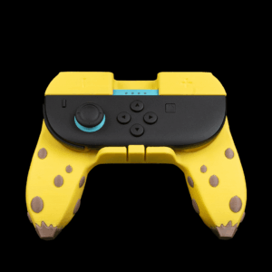 Mando de videojuego amarillo con diseño de manchas